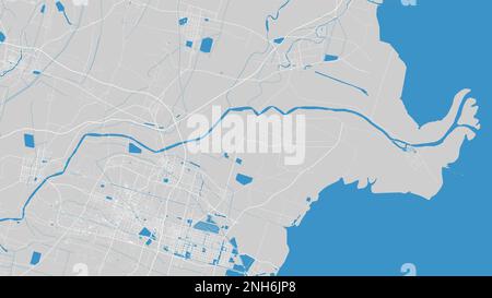 Yellow river map, Huang He, Dongying city, China. Watercourse, water flow, blue on grey background road map. Vector illustration, detailed silhouette. Stock Vector
