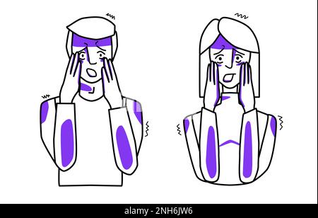 Frightened man and woman, emotion of fear, cover their face with their hands. Half body sketch style line drawing with purple spots. Stock Vector