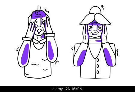 Afraid grandmother and grandfather, emotion of fear, cover their face with their hands. Half body sketch style line drawing with purple spots. Stock Vector