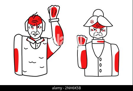 Angry old man and woman, grandfather and grandmother with emotion of anger. Threaten with fist. Half body sketch style line drawing with red spots. Stock Vector