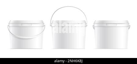 Realistic white plastic bucket containers with cover and handle isolated vector illustration Stock Vector