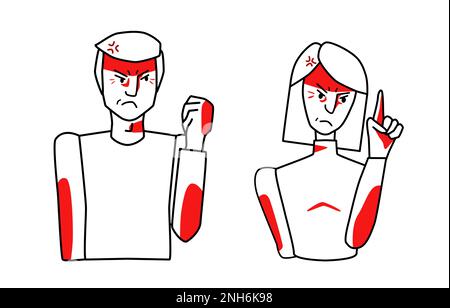 Angry man and woman characters, choleric mood, anger emotion, threaten with fist. Half body sketch style line drawing with red spots. Stock Vector