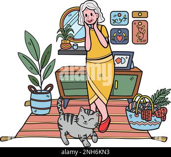 Hand Drawn Elderly play with cat illustration in doodle style isolated on background Stock Vector