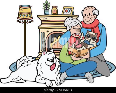 Hand Drawn Elderly play with dogs and cats illustration in doodle style isolated on background Stock Vector