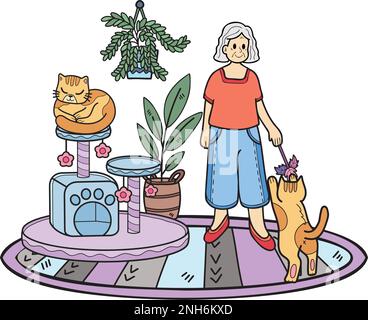 Hand Drawn Elderly play with cat illustration in doodle style isolated on background Stock Vector