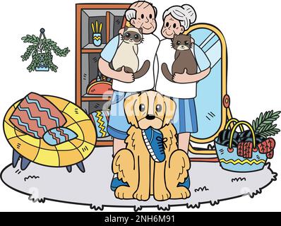 Hand Drawn Elderly play with dogs and cats illustration in doodle style isolated on background Stock Vector