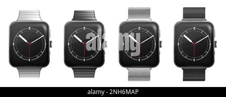 Smart watch collection with hands on black screen and different metallic steel bracelets realistic set isolated vector illustration Stock Vector