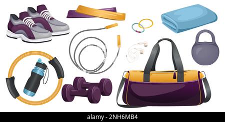 Gym bag isolated icon set what can be inside an athletes girls gym bag vector illustration Stock Vector
