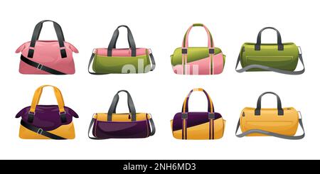Colored gym bags icon set pink green and brown yellow bags for athletic uniforms vector illustration Stock Vector
