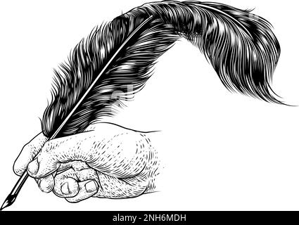 Quill Feather Ink Pen Hand Vintage Woodcut Print Stock Vector