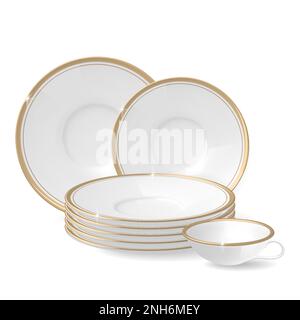 Composition of white plates and cup with gold rims of different sizes on a white background realistic vector illustration Stock Vector