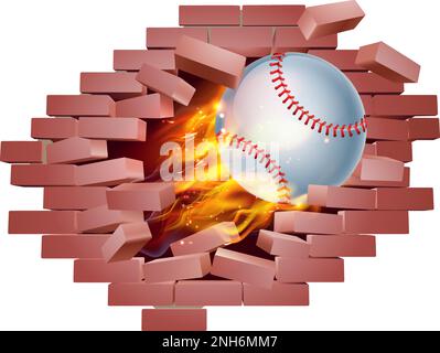 Baseball Ball Flame Fire Breaking Brick Wall Stock Vector