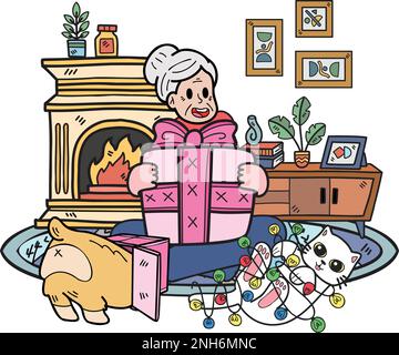 Hand Drawn Elderly with cats and dogs and gift illustration in doodle style isolated on background Stock Vector