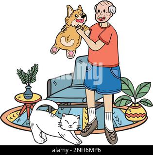 Hand Drawn Elderly play with dogs and cats illustration in doodle style isolated on background Stock Vector