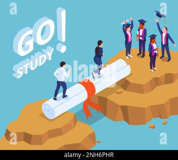 College isometric concept with graduating university students climbing on rolled diploma vector illustration Stock Vector