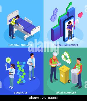 Isometric 2x2 set with modern professions of geneticist waste manager and hospital engineer isolated vector illustration Stock Vector