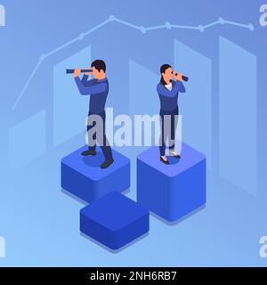 Corporate culture concept with business people using spyglass isometric vector illustration Stock Vector