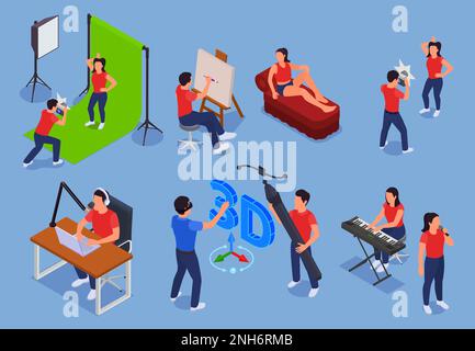 Art and creative professions isometric icons set with 3d artists singers and photographers isolated vector illustration Stock Vector