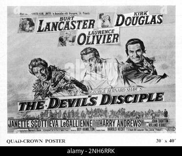 BURT LANCASTER KIRK DOUGLAS LAURENCE OLIVIER and JANETTE SCOTT in THE DEVIL'S DISCIPLE 1959 director GUY HAMILTON and (uncredited) ALEXANDER MACKENDRICK based on the play by George Bernard Shaw screenplay John Dighton and Roland Kibbee music Richard Rodney Bennett UK-USA co-production co-executive producers Kirk Douglas and Burt Lancaster Hecht-Hill-Lancaster Productions / Brynaprod / United Artists Stock Photo