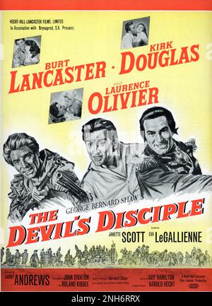 BURT LANCASTER KIRK DOUGLAS LAURENCE OLIVIER and JANETTE SCOTT in THE DEVIL'S DISCIPLE 1959 director GUY HAMILTON and (uncredited) ALEXANDER MACKENDRICK based on the play by George Bernard Shaw screenplay John Dighton and Roland Kibbee music Richard Rodney Bennett UK-USA co-production co-executive producers Kirk Douglas and Burt Lancaster Hecht-Hill-Lancaster Productions / Brynaprod / United Artists Stock Photo