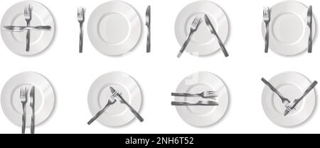 Realistic restaurant dining etiquette set with various positioning of cutlery on plate isolated vector illustration Stock Vector