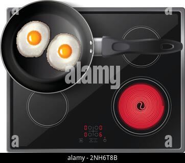Cookware realistic top view composition with frying pan with two fried eggs on induction cooker vector illustration Stock Vector