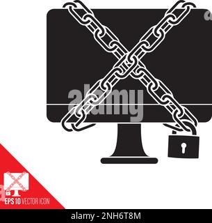 Computer in chains vector glyph icon, Cyber security concept symbol Stock Vector