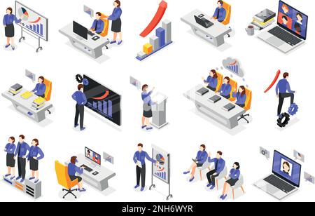 Business training isometric icons set with organization consulting and professional growth symbols isolated vector illustration Stock Vector