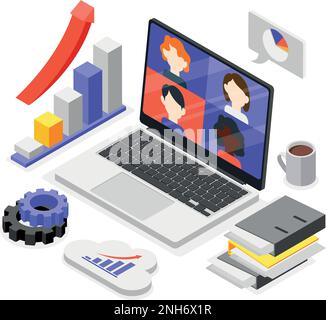 Business training isometric composition with open notebook with online seminar vector illustration Stock Vector