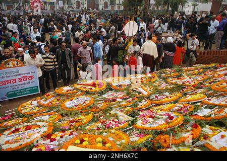 Sylhet, Sylhet, Bangladesh. 21st Feb, 2023. Thousands of people march towards the Central Shaheed Minar with flowers in their hands from dawn to pay their respects on the occasion of the Great Martyr's Day and International Mother Language Day. Irrespective of religion, caste, class, profession, everyone is paying respect to the martyrs of language movement today. (Credit Image: © Md Akbar Ali/ZUMA Press Wire) EDITORIAL USAGE ONLY! Not for Commercial USAGE! Credit: ZUMA Press, Inc./Alamy Live News Stock Photo