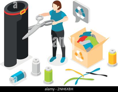 Sustainable fashion isometric composition with zero waste cloth recycling vector illustration Stock Vector