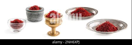 High-Quality Saffron, isolated in 5 different containers: silver, brass, glass, and stone. Stock Photo