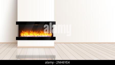 Fireplace realistic composition with indoor view of empty room with modern style chimney and burning fire vector illustration Stock Vector