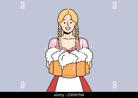 Smiling woman in traditional costume holding glasses of beers. Waitress serving drinks of German festival. Oktoberfest event. Vector illustration.  Stock Vector