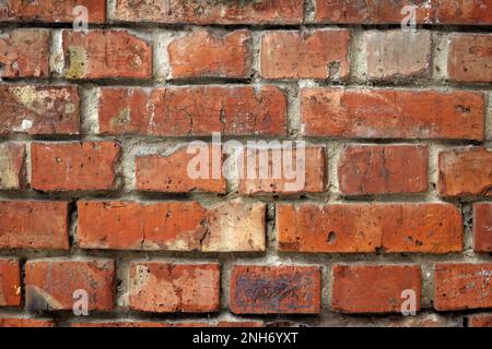 A real old brick wall built of red brick and cement, exterior. Retro background Stock Photo