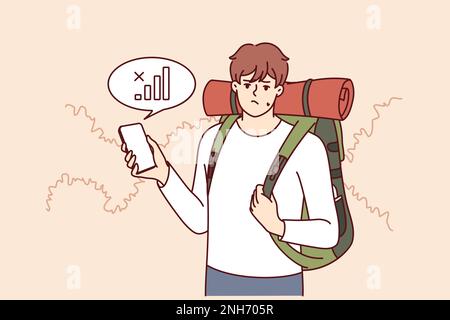 Lost traveler with backpack on back is looking for mobile network to find way home. Guy tourist got lost in forest and was sad when learned about lack of communication or bad GPS signal Stock Vector