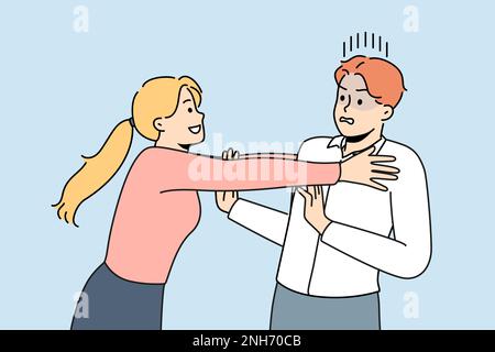 Happy woman in love show affection and attachment to frustrated man. Smiling girl stalking hugging confused male lover. Relationship concept. Vector illustration.  Stock Vector