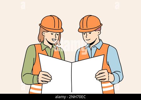 Smiling engineers in helmets study blueprint at site. Man and woman builders or developers with paperwork in hands. Teamwork, engineering. Vector illustration.  Stock Vector