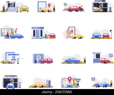 Parking flat colored icon set guarded and unguarded parking with barrier and cameras on the street and underground vector illustration Stock Vector