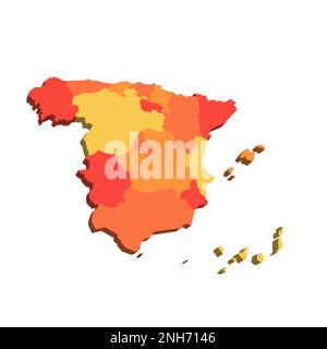Spain political map of administrative divisions - autonomous communities and autonomous cities of Ceuta and Melilla. 3D map in shades of orange color. Stock Vector