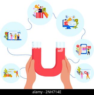 Referral program flat background magnet in hand as if attracting new users in various ways vector illustration Stock Vector