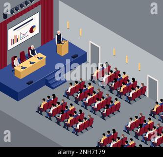 Isometric press conference hall composition with full audience vector illustration Stock Vector