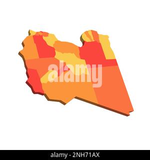 Libya political map of administrative divisions - districts. 3D map in shades of orange color. Stock Vector