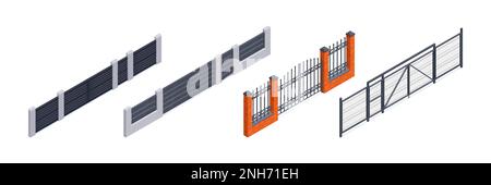 Isometric set of modern gates and fence blocks isolated vector illustration Stock Vector