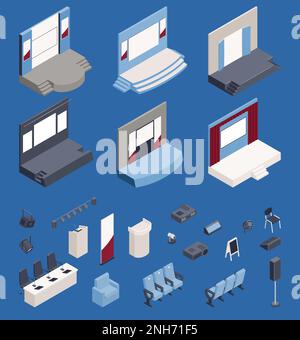 Press conference hall constructor isometric icons set including tribune chairs and presentation equipment isolated vector illustration Stock Vector