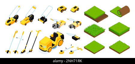 Isometric icons set of grass samples and lawn movers and electric trimmers isolated vector illustration Stock Vector