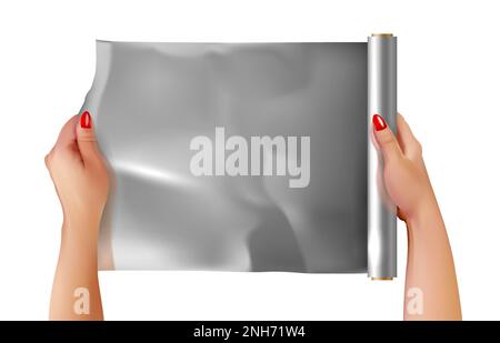 Realistic aluminium metallic foil roll composition with hands vector illustration Stock Vector