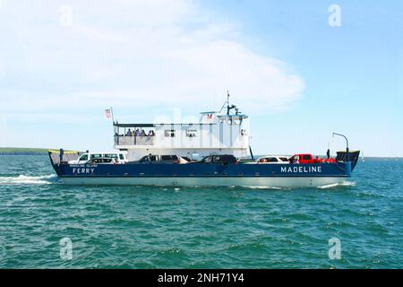 Madeline Island Ferry Boat on Lake Superior transporting cars, trucks and people to Madeline Island, Wisconsin USA. Stock Photo