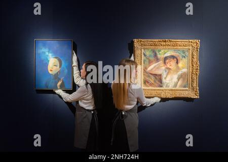 London, UK. 21 February 2023.  L-R LIU YE (B. 1964) The Goddess, Estimate,GBP 800,000 – GBP 1,200,000- PIERRE-AUGUSTE RENOIR (1841-1919) Jeune fille endormie (La dormeuse), Estimate GBP 2,000,000 – GBP 3,000,000.Preview of  20th/21st Century London Evening Sale. The sale takes place on 28 February at Christie's London. Credit: amer ghazzal/Ģ����ý Live News Stock Photo