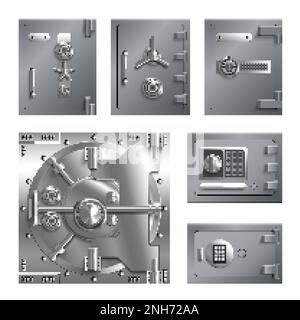 Safe lockers doors set with security symbols realistic isolated vector illustration Stock Vector